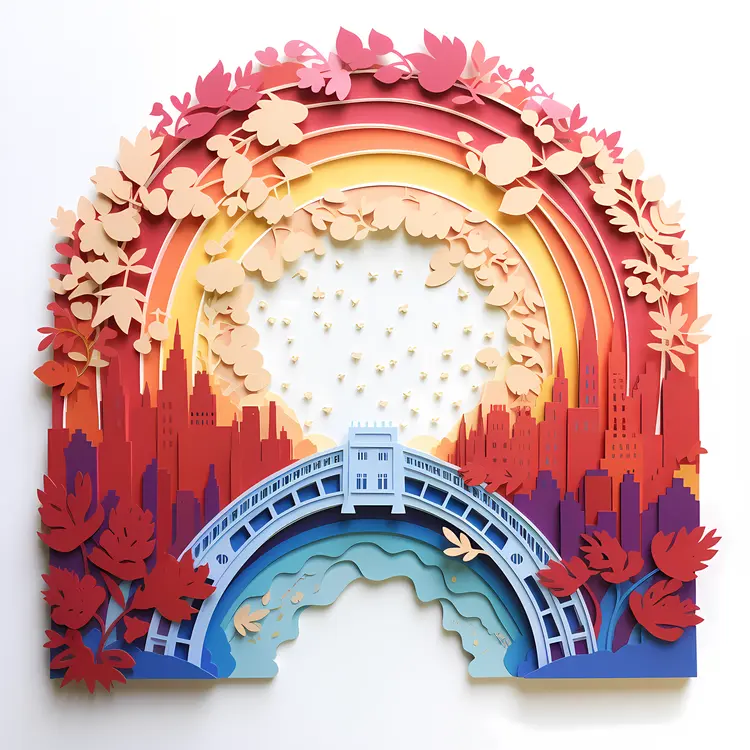 Rainbow Bridge with Cityscape and Leaves