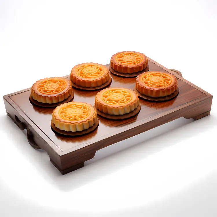 Traditional Mooncakes on Wooden Tray for Mid-Autumn Festival
