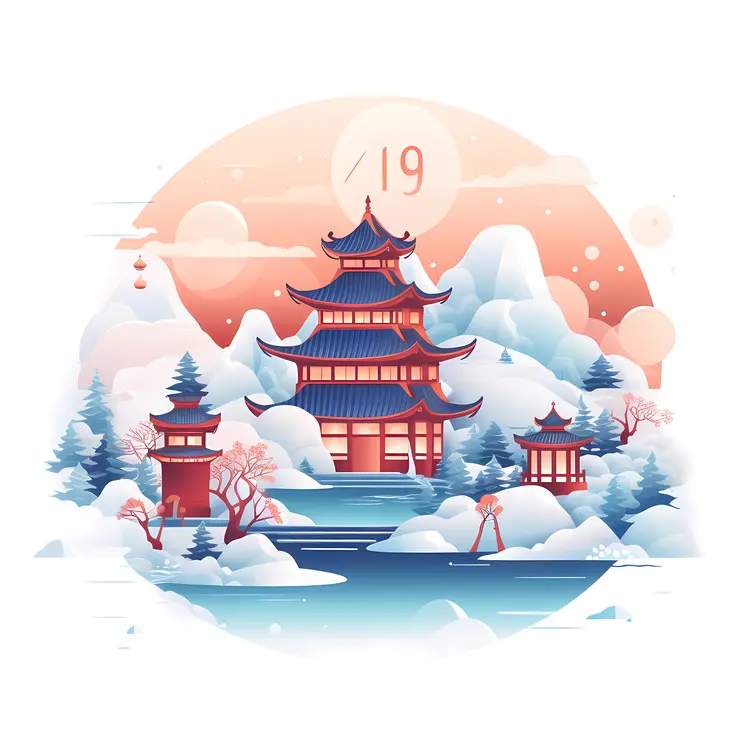 Japanese Temple in Snowy Winter Landscape