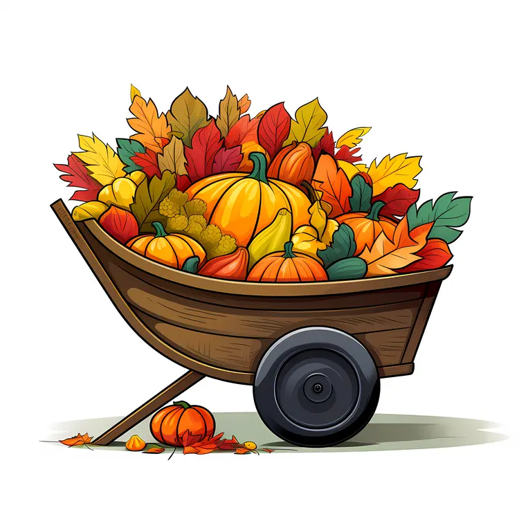Pumpkins in Wheelbarrow with Autumn Leaves
