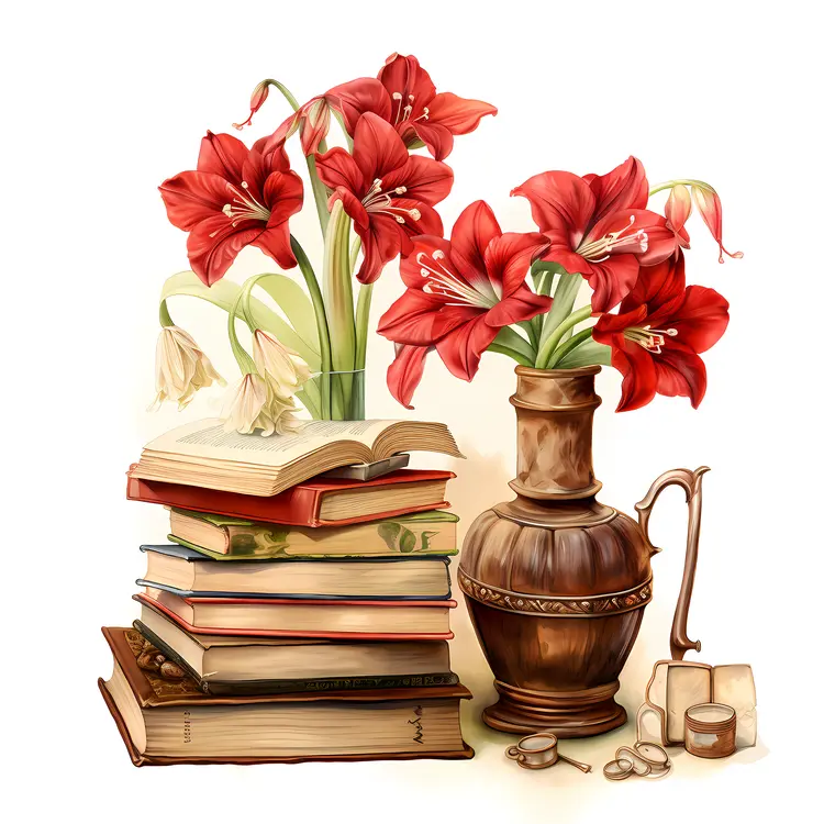 Red Flowers with Books and Vase