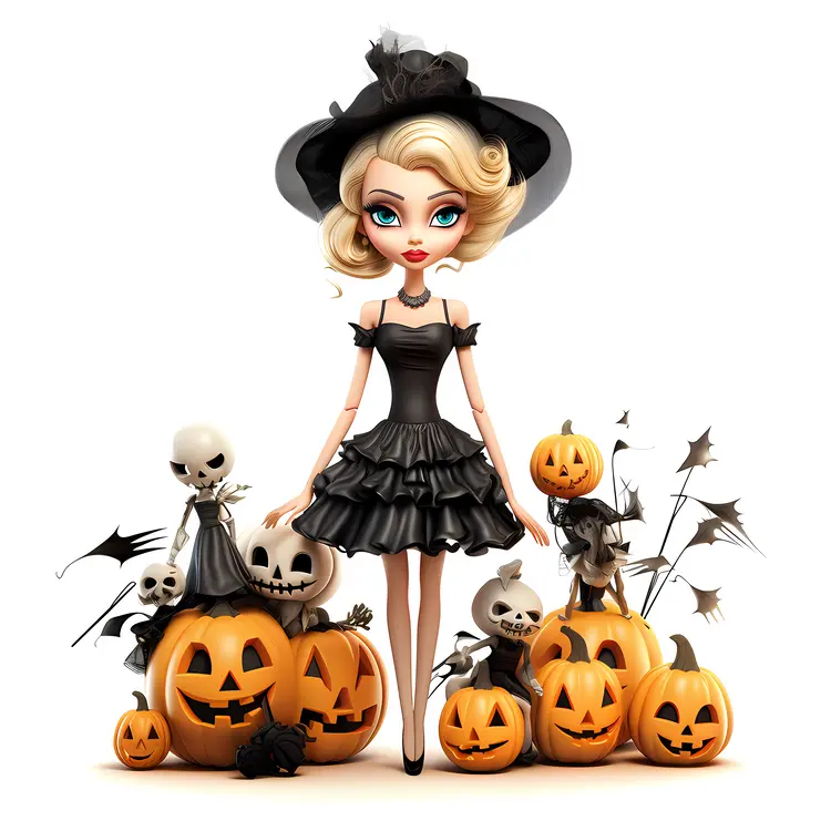 Blonde Witch with Pumpkins in Halloween Costume