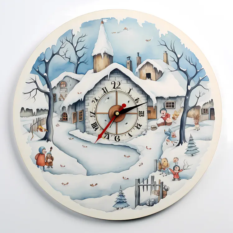 Winter Village Clock with Snowy Landscape and Children Playing