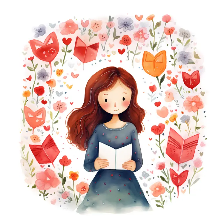 Girl Reading Book Surrounded by Flowers and Hearts