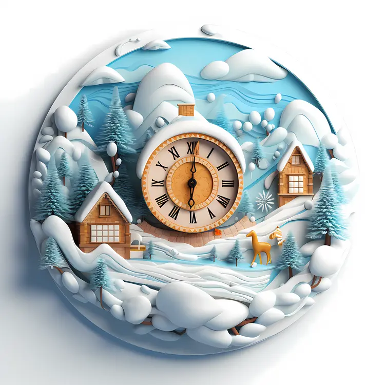 Snowy Village Clock with Winter Scene