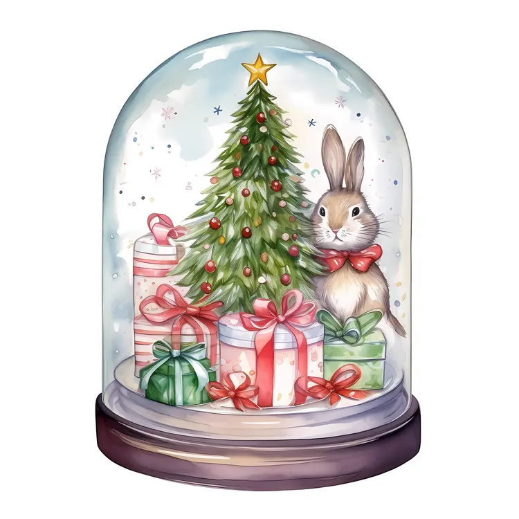 Bunny with Christmas Tree in Snow Globe