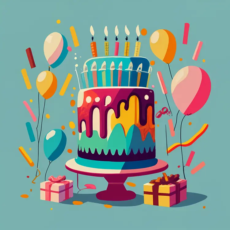 Colorful Birthday Cake with Balloons and Gifts