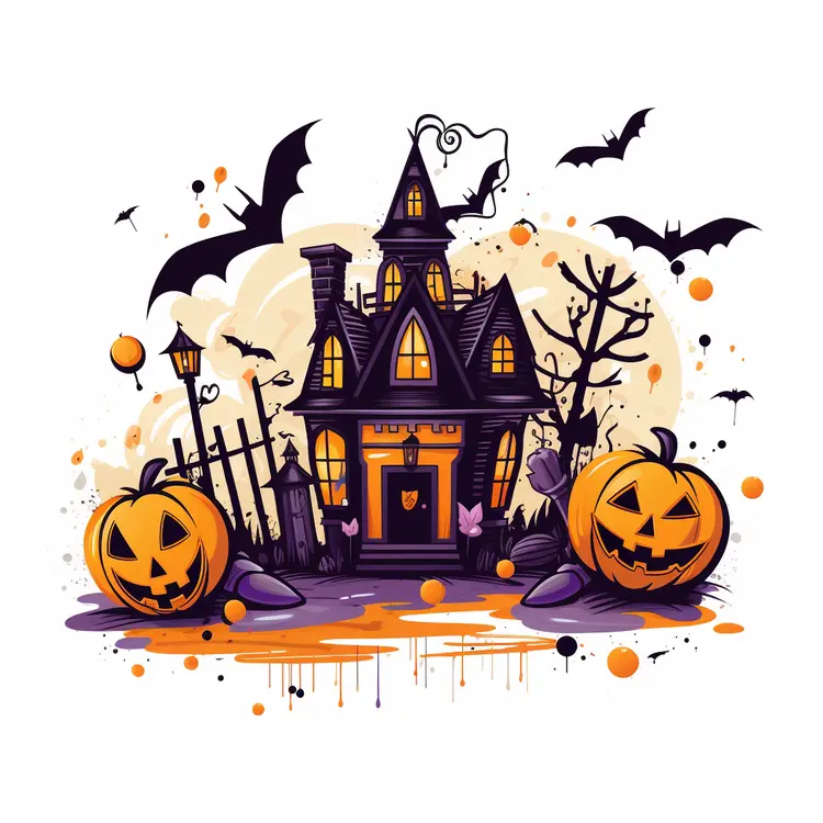 Haunted House with Pumpkins and Bats