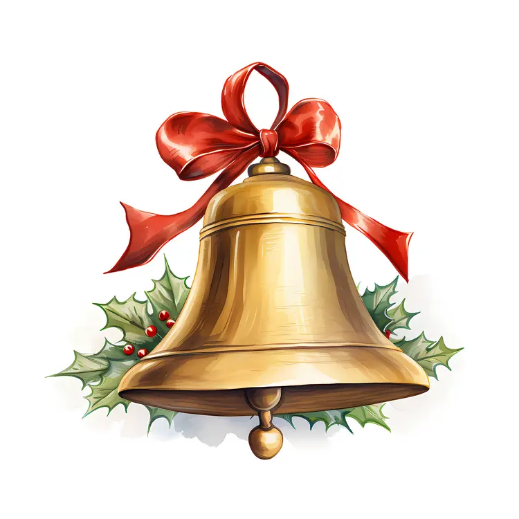 Golden Bell with Red Bow and Holly for Christmas