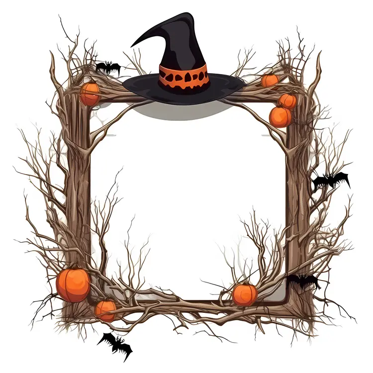 Halloween Frame with Witch Hat and Pumpkins