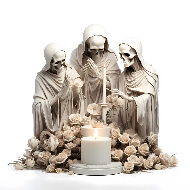 Three Hooded Skeletons with Candles
