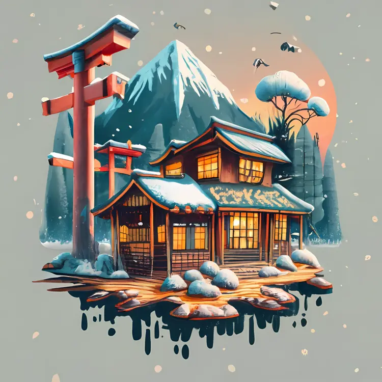 Japanese House with Snow and Mountain Backdrop