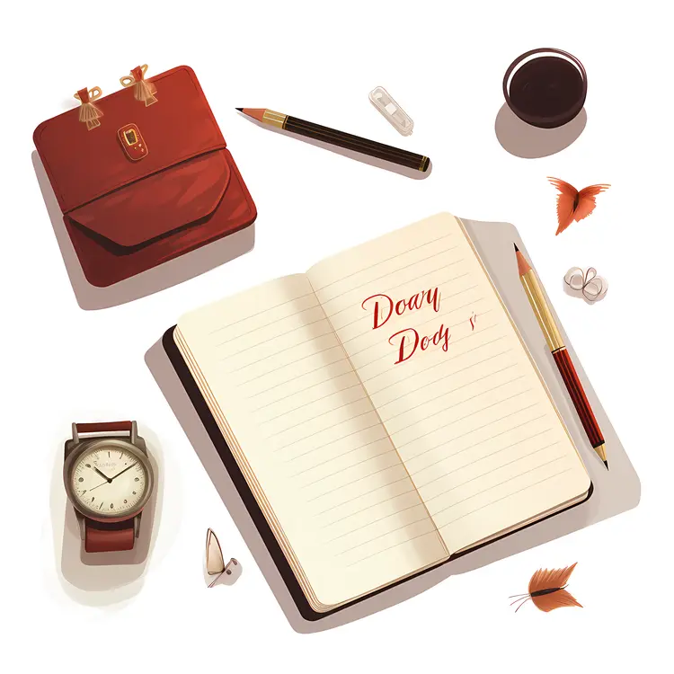 Open Book with Pencil and Watch