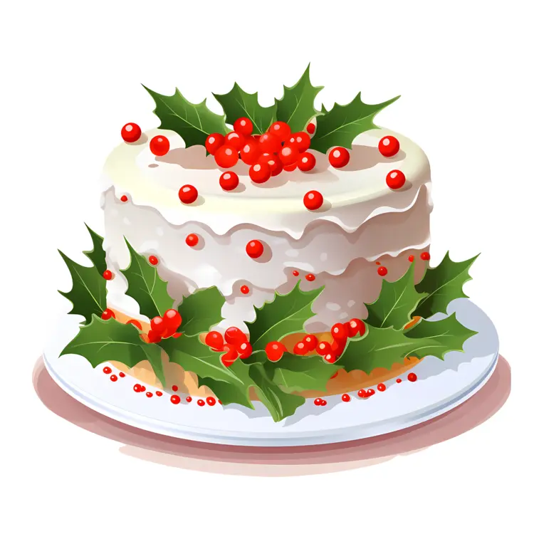 Christmas Cake with Holly Leaves and Red Berries