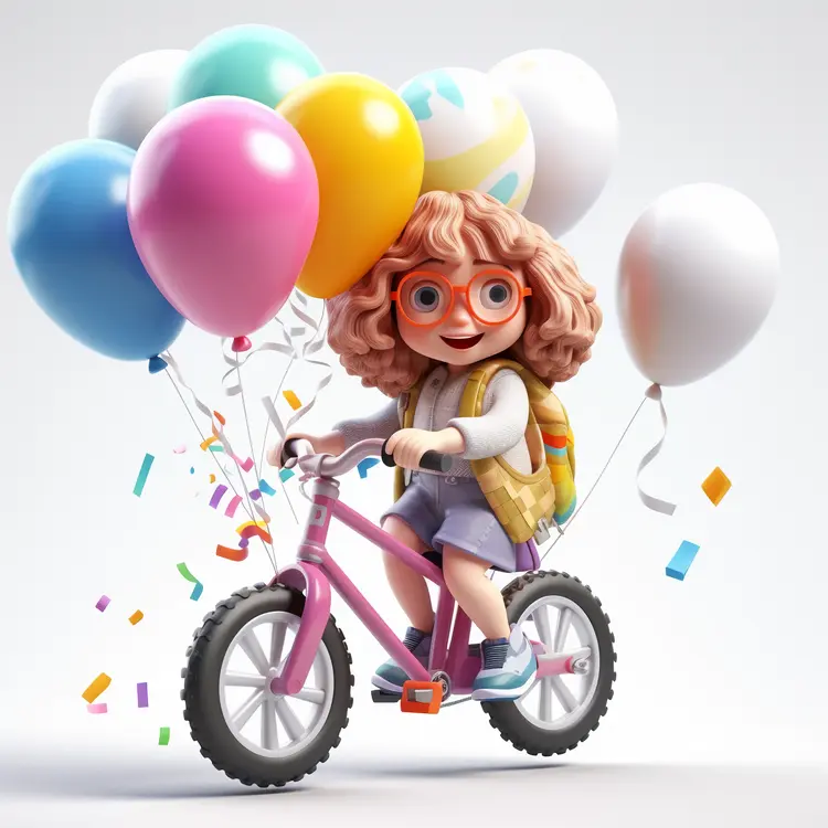 Happy Girl Riding Pink Bicycle with Balloons and Confetti