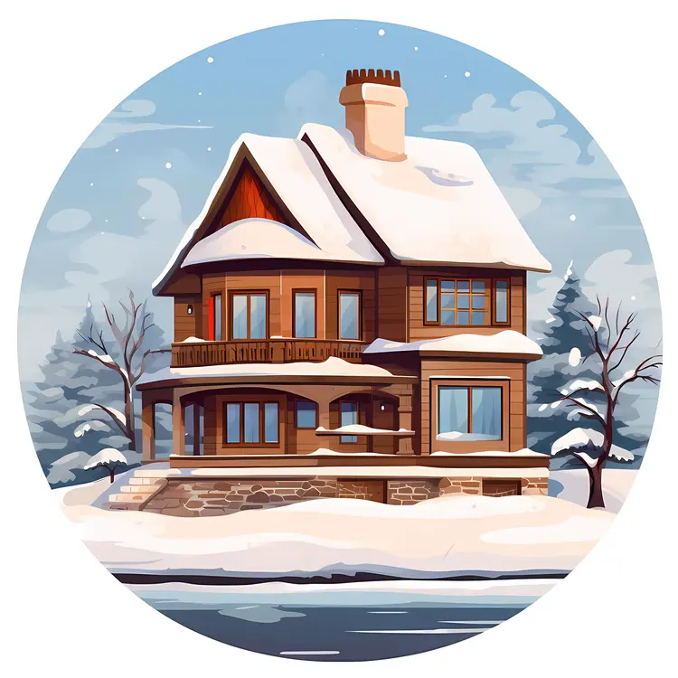 Snowy House by the Lake