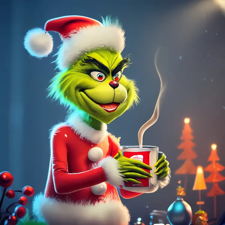 Cozy Grinch with Steaming Hot Drink in Santa Hat