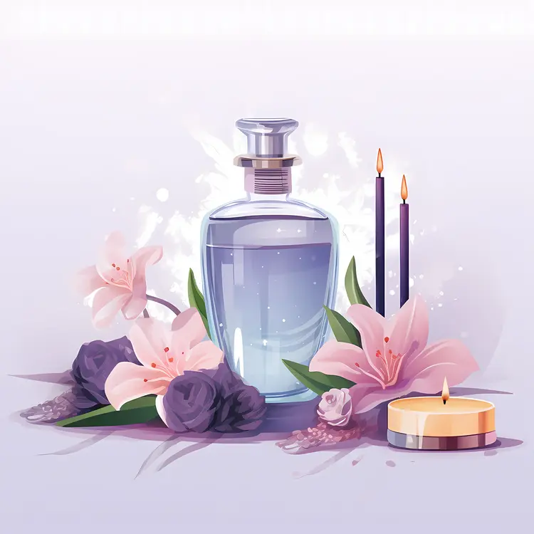 Blue Perfume Bottles with Flowers and Candles