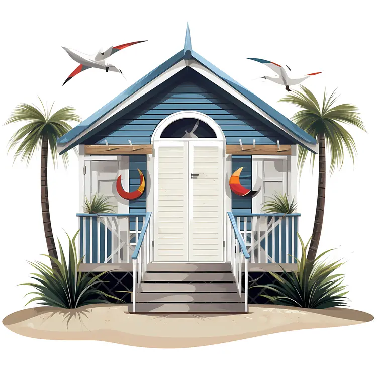 Tropical Beach House with Palm Trees