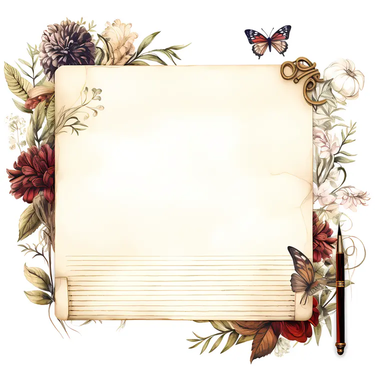 Vintage Floral Stationery with Pen and Butterfly