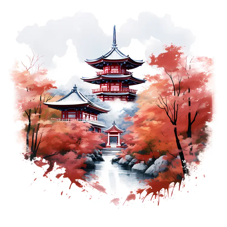 Red Pagoda with Autumn Trees
