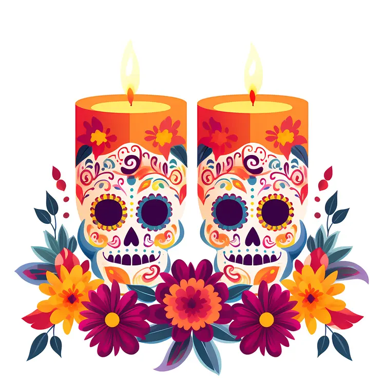 Colorful Sugar Skulls with Candles and Flowers for Day of the Dead
