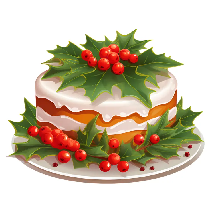Christmas Cake with Holly Leaves and Red Berries