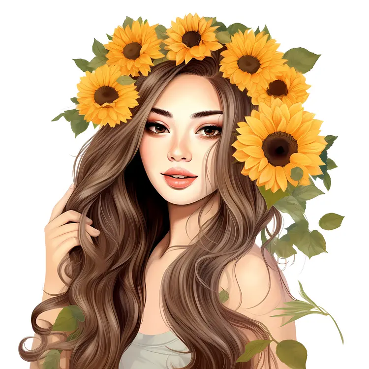 Beautiful Woman with Sunflowers in Hair