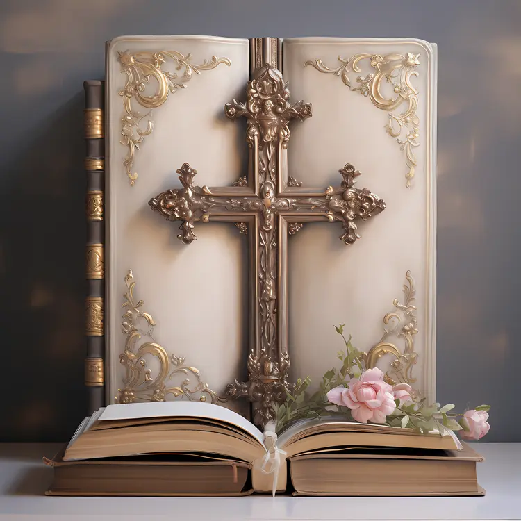 Decorative Bible with Cross and Flowers