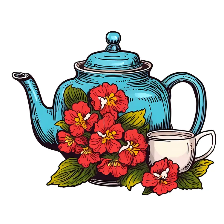 Blue Teapot with Flowers and Cup Illustration