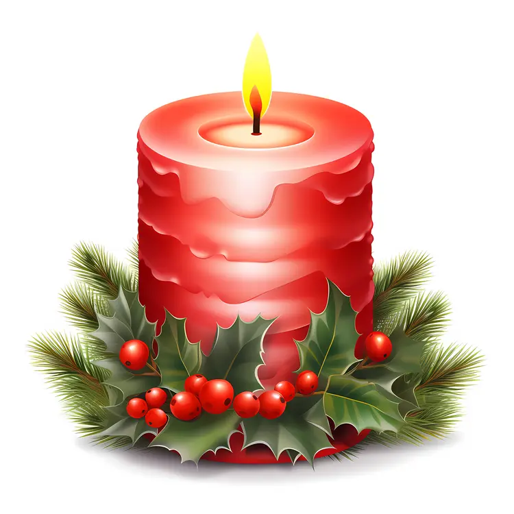 Red Candle with Holly and Berries