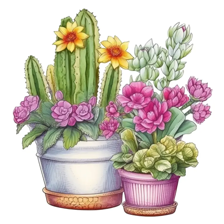 Blooming Cactus and Flowers in Pots