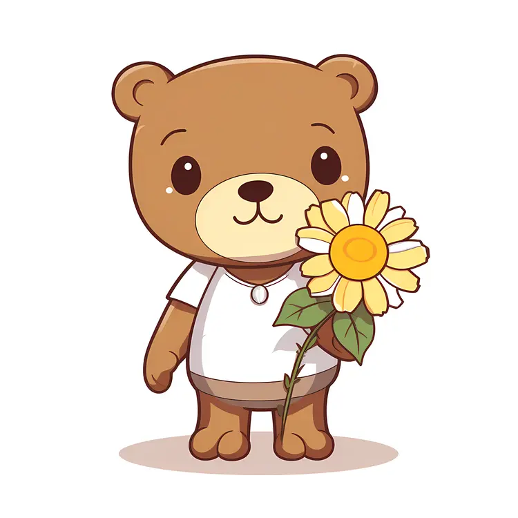 Cute Brown Bear Holding a Sunflower