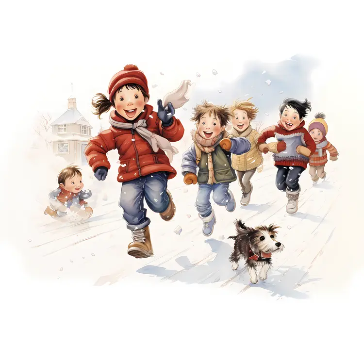 Children Running in the Snow with a Dog