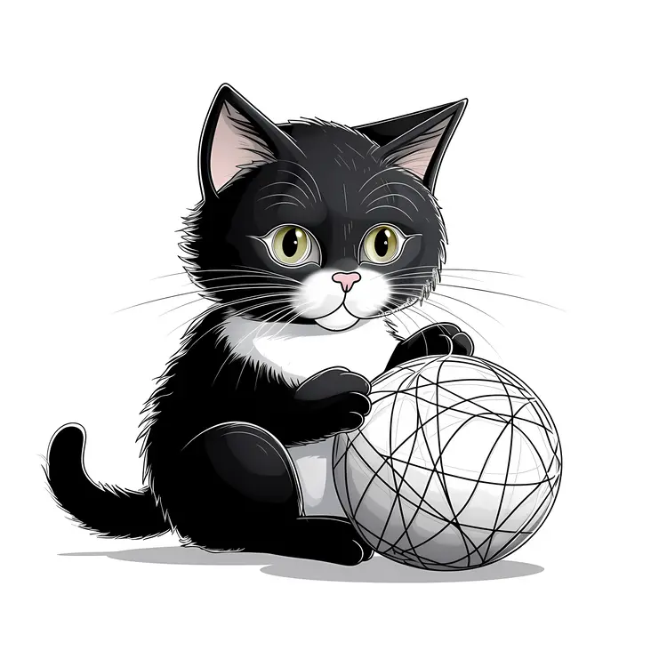 Cute Black and White Cat Playing with Yarn Ball
