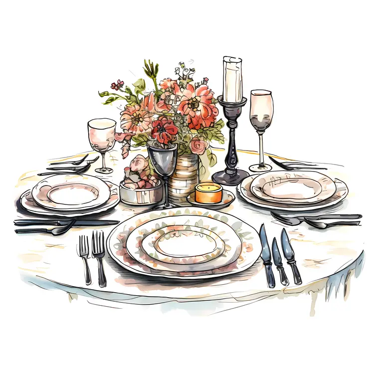 Round Table Setting with Flowers and Candles