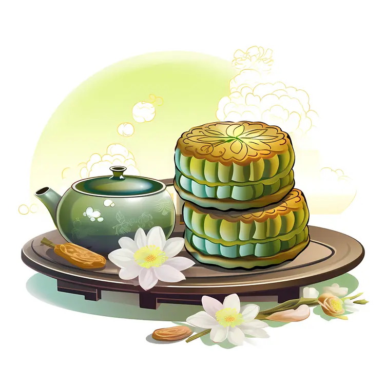 Green Mooncakes with Teapot and Flowers