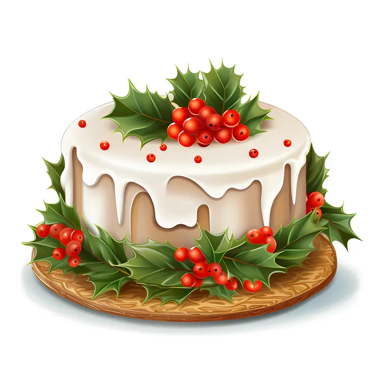 Christmas Cake with White Icing and Holly Decorations