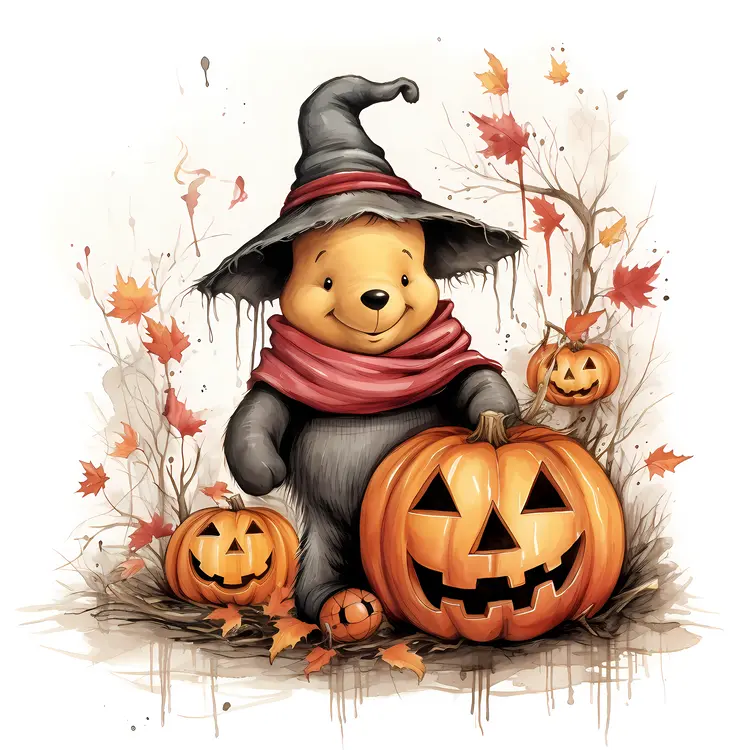 Teddy Bear with Witch Hat and Pumpkins