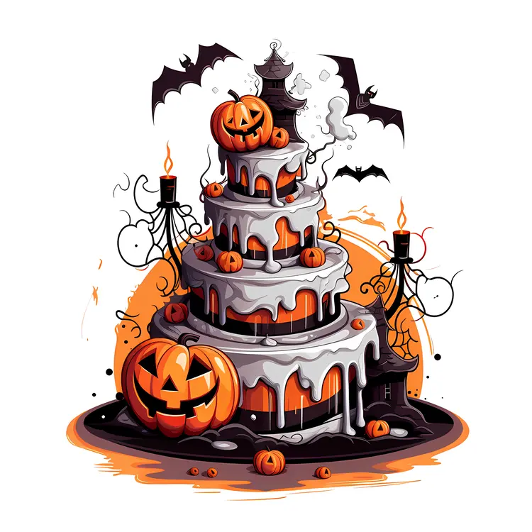 Tall Halloween Cake with Pumpkins and Bats