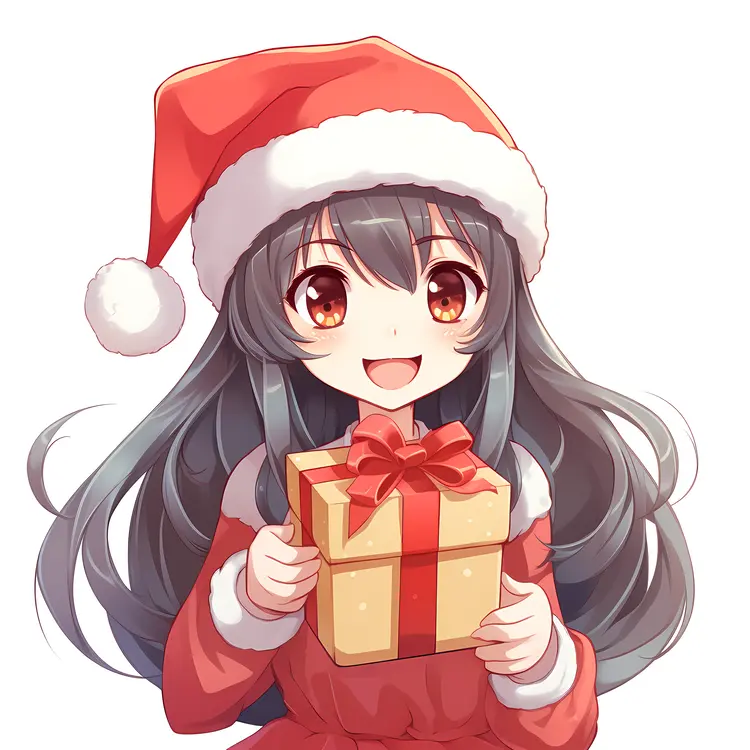 Girl Holding Gift Box with Santa Hat