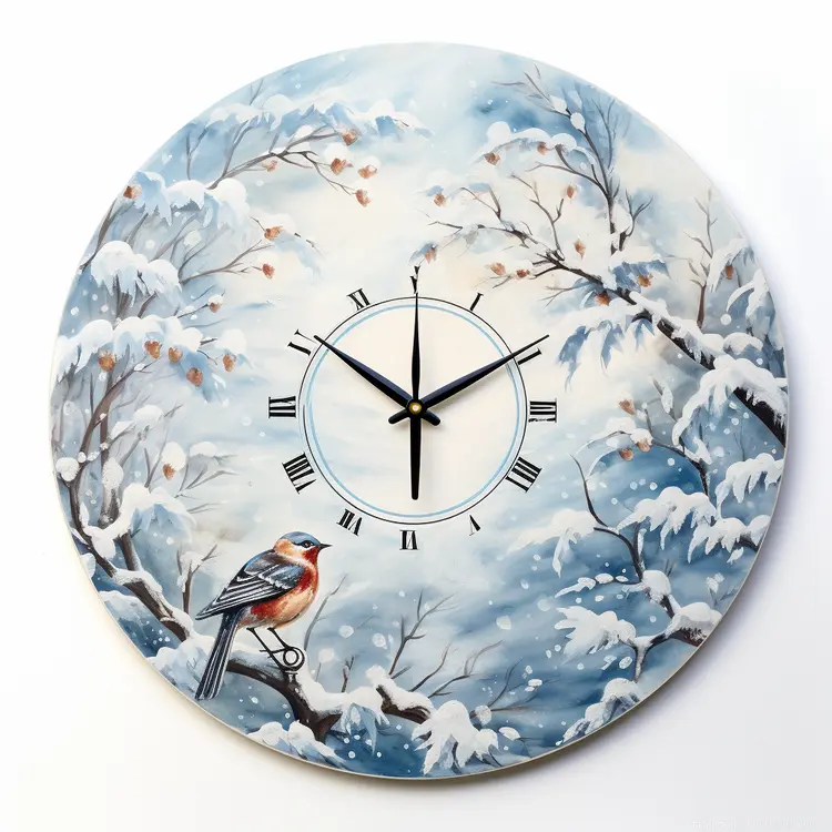 Winter Clock with Bird and Snowy Branches