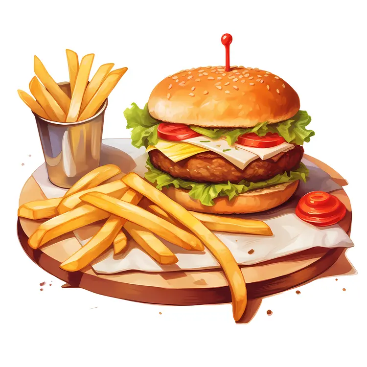 Delicious Burger with French Fries and Ketchup