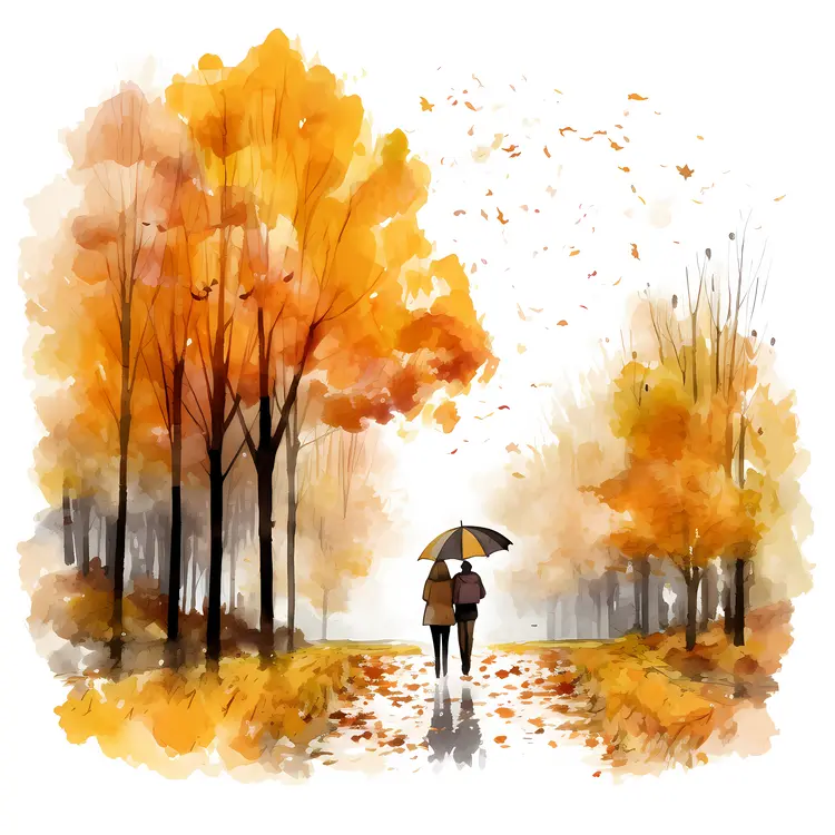 Couple Walking with Umbrella in Autumn