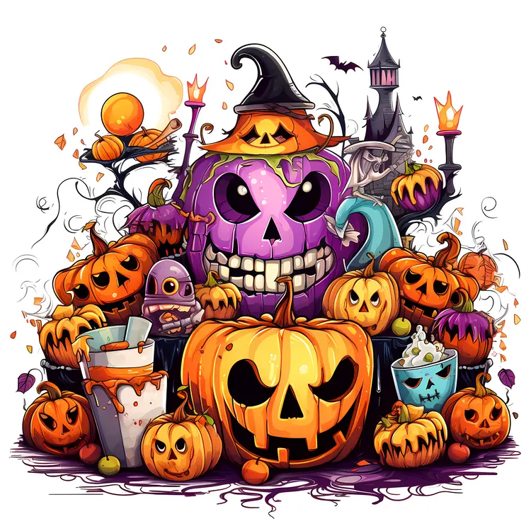 Pile of Pumpkins with Witch Hat