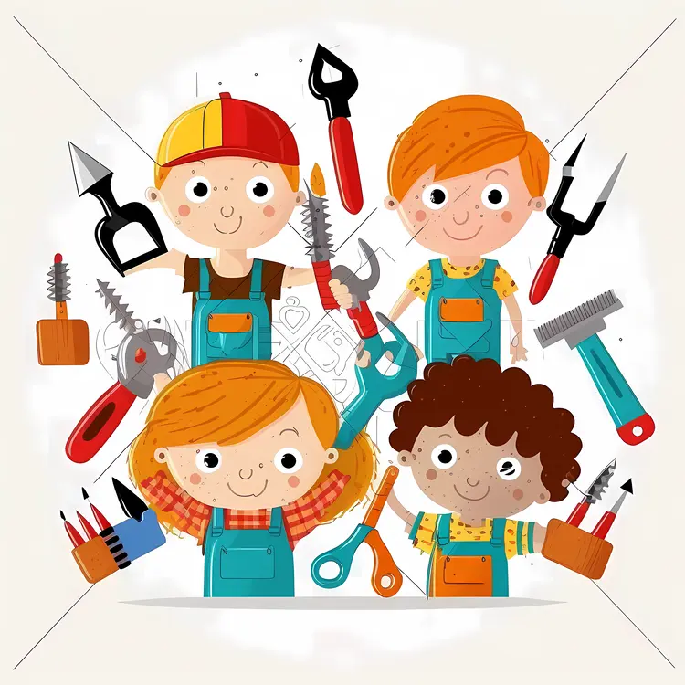 Cartoon Children Holding Tools