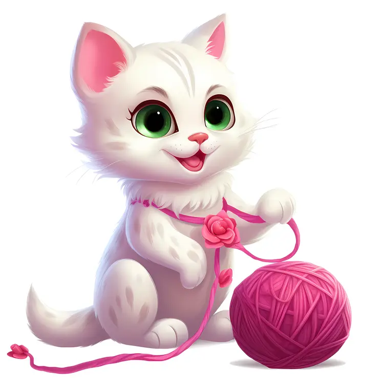 Cute White Cat Playing with Pink Yarn Ball