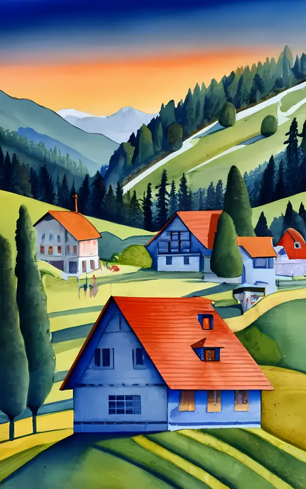 Countryside Village with Rolling Hills