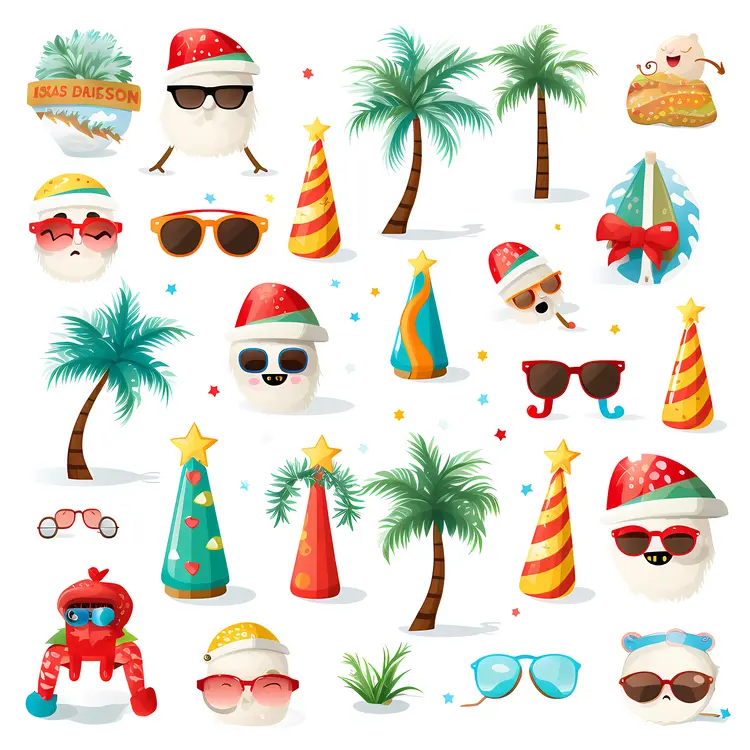Summer Christmas Pattern with Palm Trees and Sunglasses