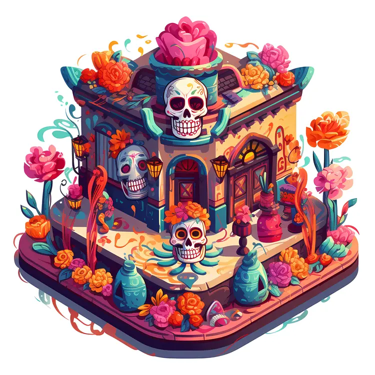 Decorative House with Skulls and Flowers for Day of the Dead